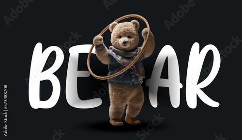 Cute teddy bear playing hula hoop. Funny charming illustration of a teddy bear on a black background. Print for your clothes or postcards. Vector illustration