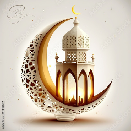 Valokuvatapetti Ramadan Kareem with serene mosque and lantern, crescent moon serene evening background with beautiful glowing lantern