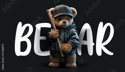 Cute teddy bear in leather jacket holding baseball bat. Funny charming illustration of a teddy bear on a black background. Print for your clothes or postcards. Vector illustration