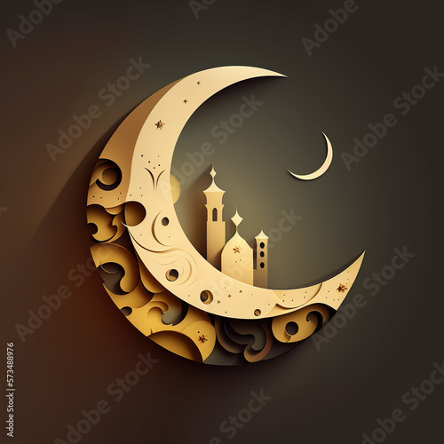 Fotomurale Ramadan Kareem with serene mosque, and crescent moon background with beautiful glowing lantern