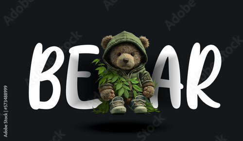 Cute teddy bear hugging a branch with green leaves. Funny charming illustration of a teddy bear on a black background. Print for your clothes or postcards. Vector illustration