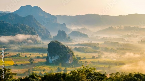 Fototapeta Naklejka Na Ścianę i Meble -  Sunrise with fog and mist at Phu Langka mountains in Northern Thailand, Mountain View of Phu Langka National Park at Phayao Province
