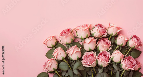 Bouquet of fresh pink roses on pink background with space for text. Generative AI.
 photo