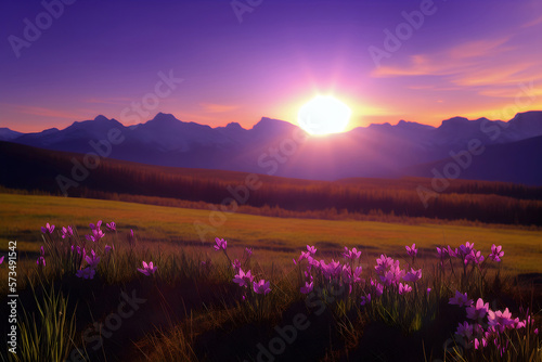 Mountains landscape with spring sunrise clouds. Beautiful sun sky with flower meadow background. Generative AI