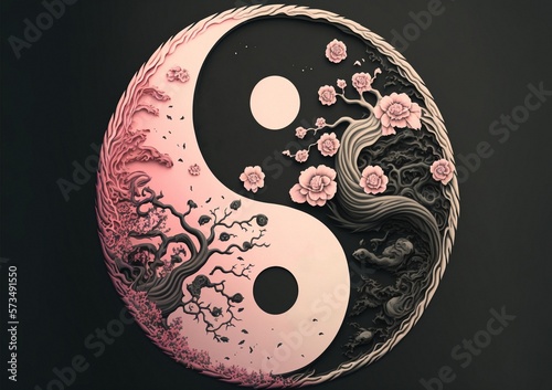 Yin Yang symbol with blooming Sakura in it created with Generative AI Tools