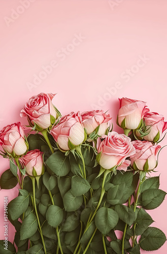 Bouquet of fresh pink roses on pink background with space for text. Generative AI.  © ART IS AN EXPLOSION.