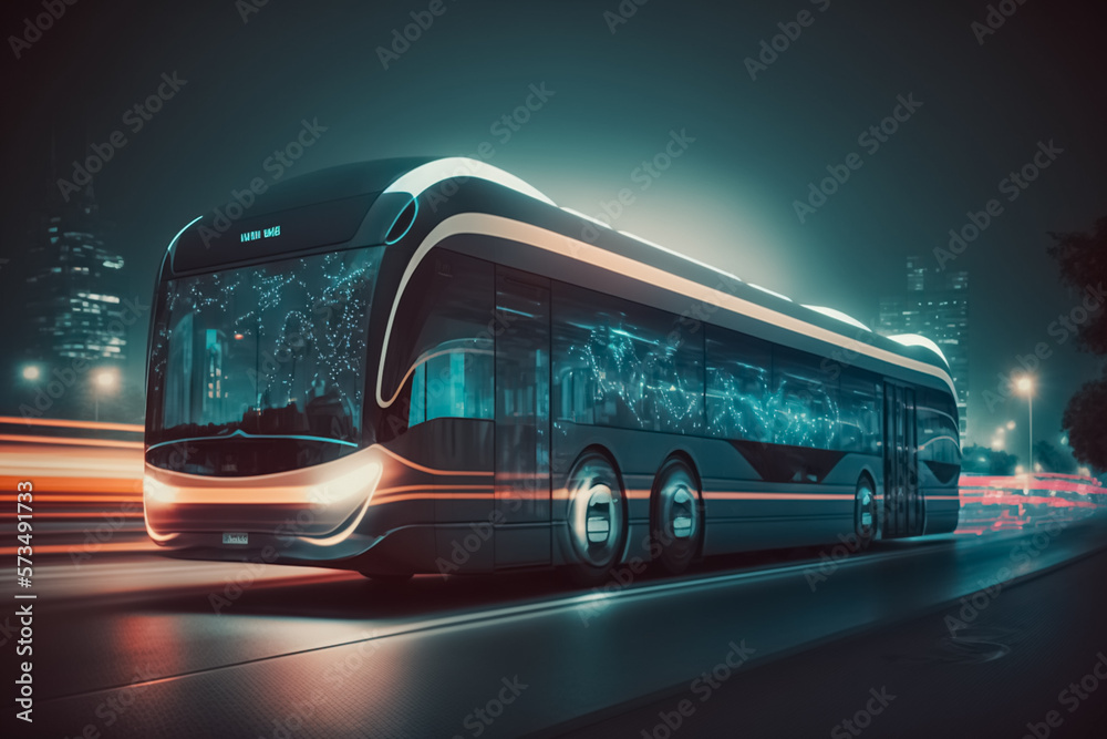 Future of urban autonomous mobility city bus. Public transport. Autonomous electric bus self driving on night street. generative AI