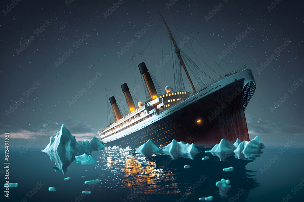 Titanic wreck as a result of a collision with an iceberg in the Atlantic Ocean. Generative AI - obrazy, fototapety, plakaty 