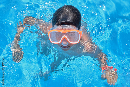 Portrait of a young boy swimming goggles fogged up