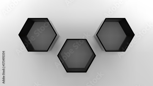 Empty black hexagon shelves on white wall 3D mockup. Shop, gallery plastic or wooden showcase to present product. Blank retail storage space. Interior design furniture. Living room bookshelf