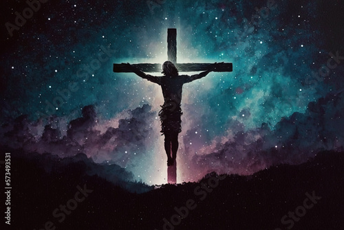 Jesus christ on the cross silhouette, and the heavenly realm with stars, cosmic. Generative AI. 