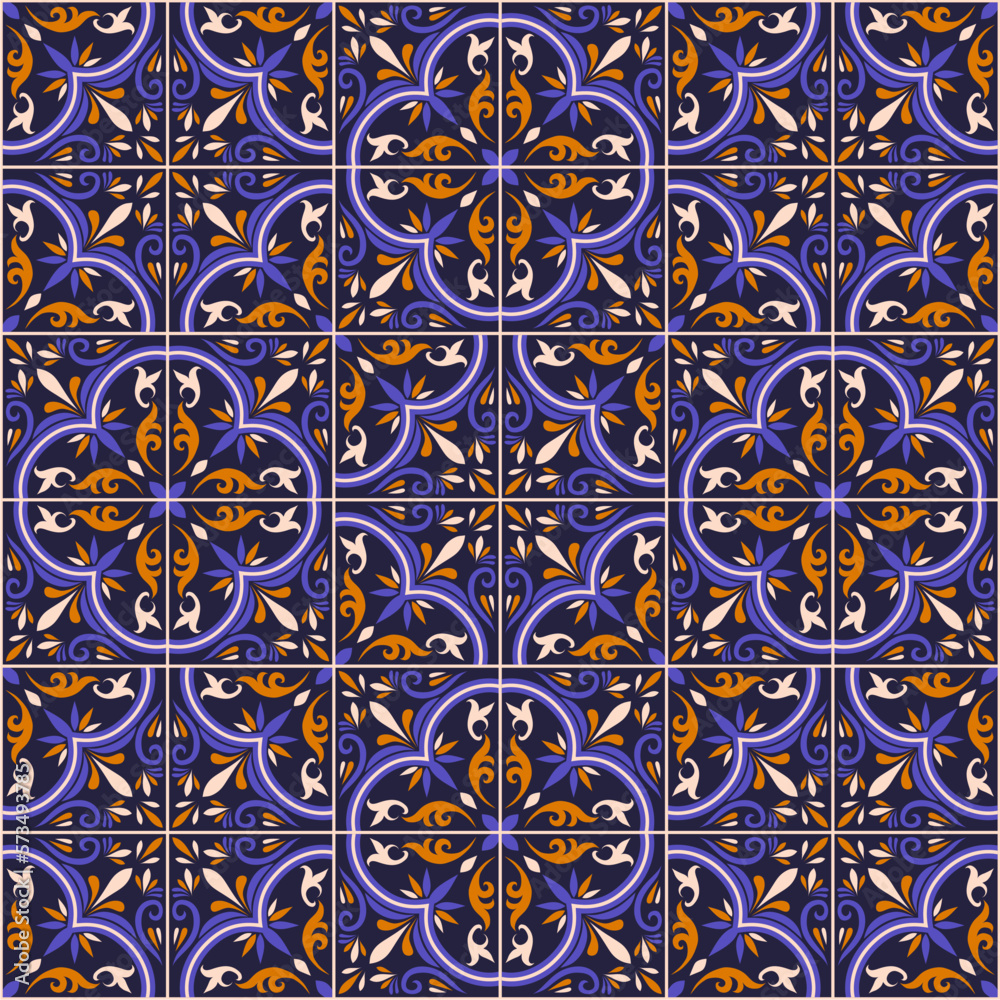 Seamless patchwork tile with Islam, Arabic, Indian, ottoman motifs. Majolica pottery tile. Portuguese and Spain decor. Ceramic tile in talavera style. Vector illustration.