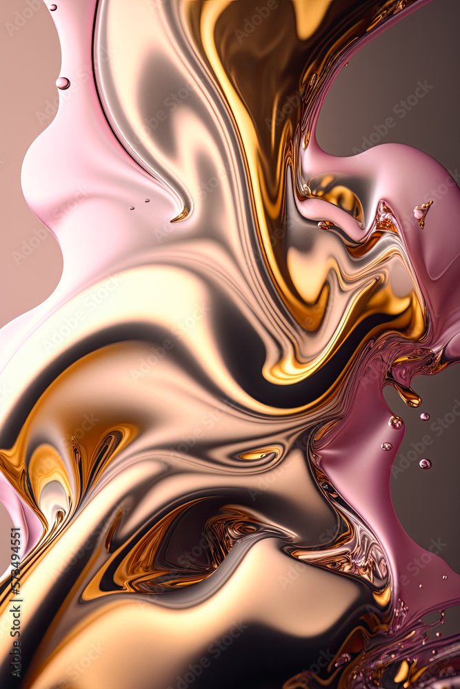 Obraz premium artistic fluid gold & silver, pink & yellow apple/mac fluid swirl vertical phone wallpaper, elegant abstract liquid metal swirl gold & silver, pink & yellow (generative ai) 3d render, vertical iphone