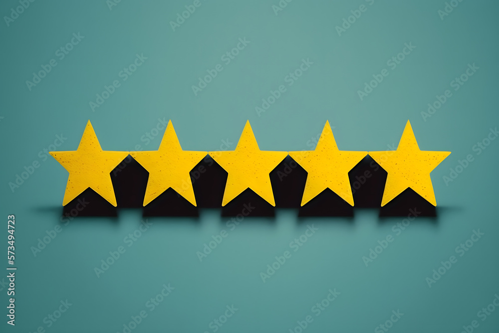 Five gold star icon, rating symbol, blue background, 3d illustration ...