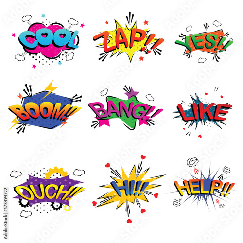 comic word comic speech bubble with zap pow wtf boom text comic pop art balloons vector set Vector Stock Illustration