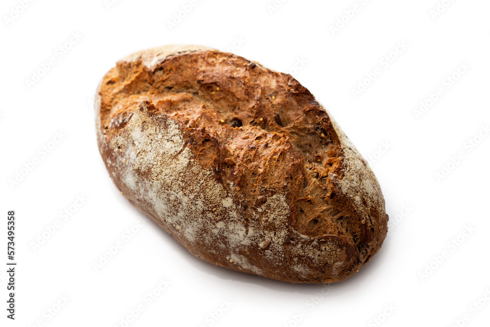 Panino integrale ai cereali, isolato su fondo bianco, cibo italiano Panino integrale ai cereali, isolato su fondo bianco, cibo italiano