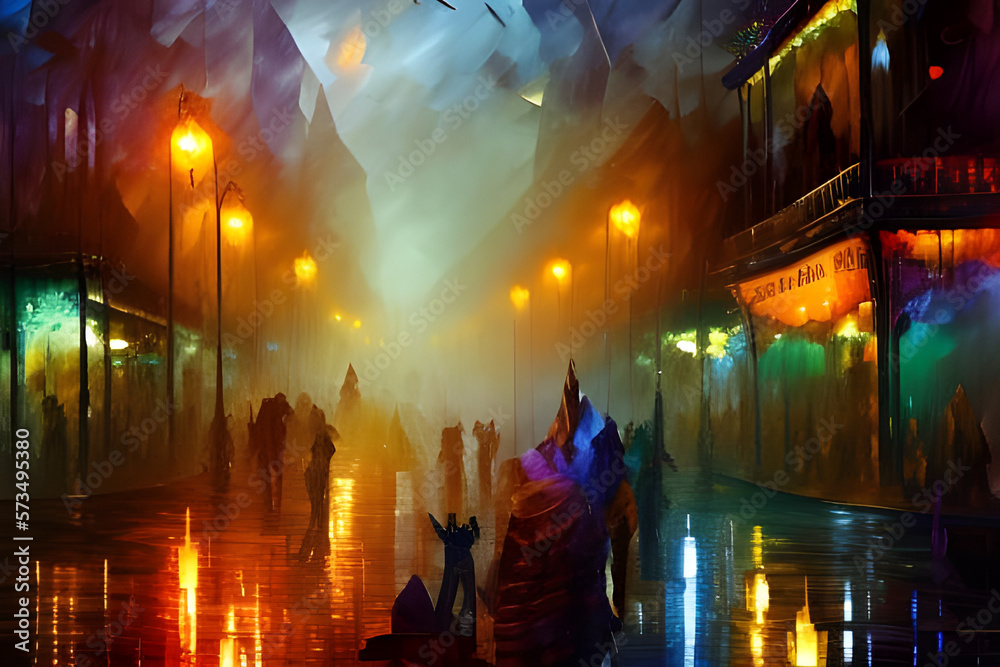 Night streets filled with Carnival crowds. Concept of Masquerade, Mardi Gras celebrations. Urban Carnival night background. Digital illustration. CG Artwork Background - obrazy, fototapety, plakaty 
