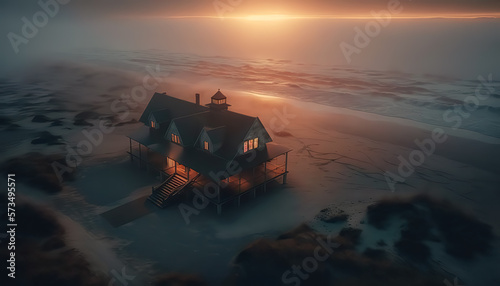 Gloomy house by the sea in foggy weather.