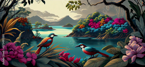 Tropical summer paradise scene landscape with river, ocean, sea, leaves and plants. flowers and birds. Generative AI