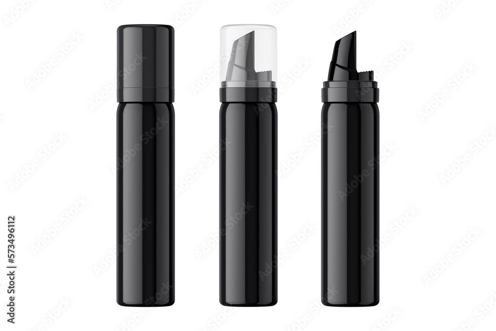 Black glossy mousse bottle with black and transparent cap lid mockup isolated on white background. Black bottle of hair styling mousse cosmetic.3d rendering. Black glossy mousse bottle with black and transparent cap lid mockup isolated on white background. Black bottle of hair styling mousse cosmetic.3d rendering.