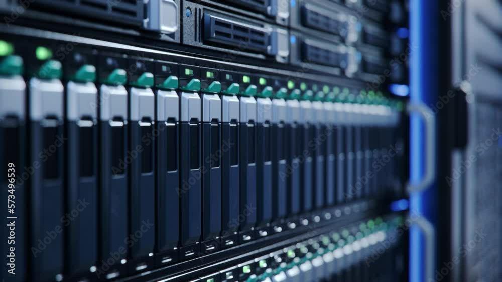 Close-up of Server Rack with SSD with Blinking Lights in Modern Datacenter. Advanced Cloud Computing and Machine Learning Concept.