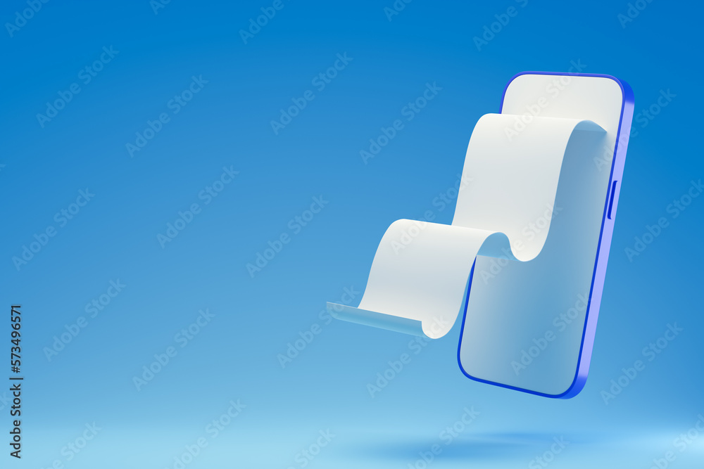 Fototapeta premium Payment, finance, mobile application, electronic payments. Smart phone with empty financial receipt on blue background. 3d rendering