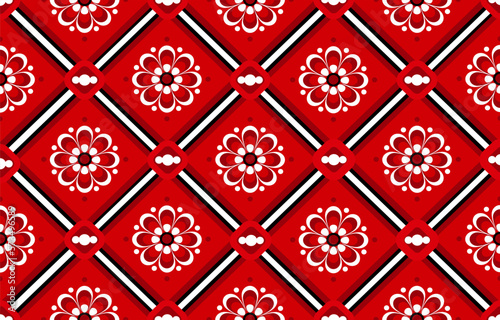 Slavic floral ethnic seamless pattern with red background. Traditional, Polish, Russian, Ukrainian, Czech, Serbian, Croatian,Slovene, European style. Design for fabric, wallpaper, clothing, wrapping.