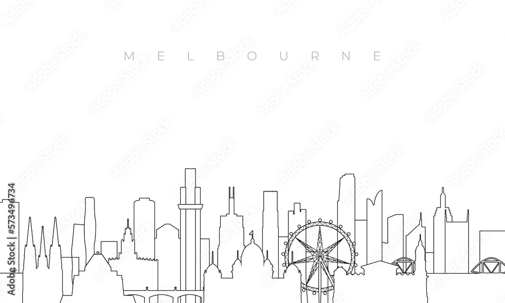 Naklejka premium Outline Melbourne skyline. Trendy template with Melbourne buildings and landmarks in line style. Stock vector design.