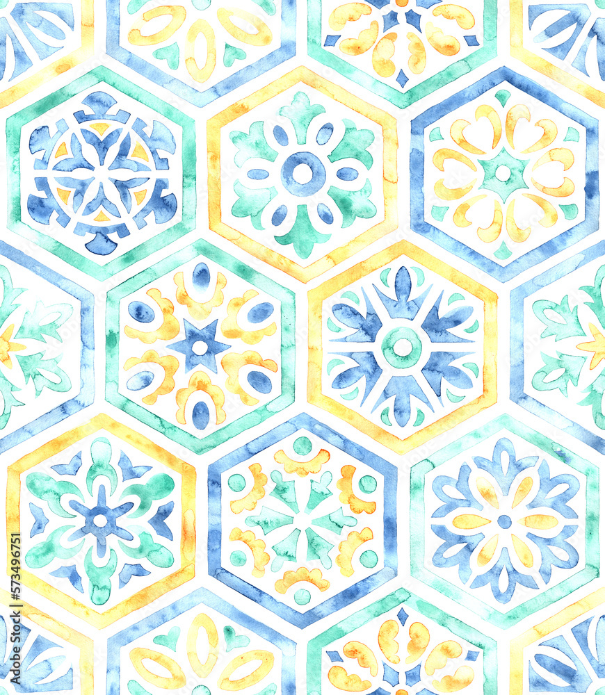 Seamless watercolor pattern of hexagonal tiles. Grunge vintage texture. Drawing with paints on paper. Summer Moroccan textile ornament.