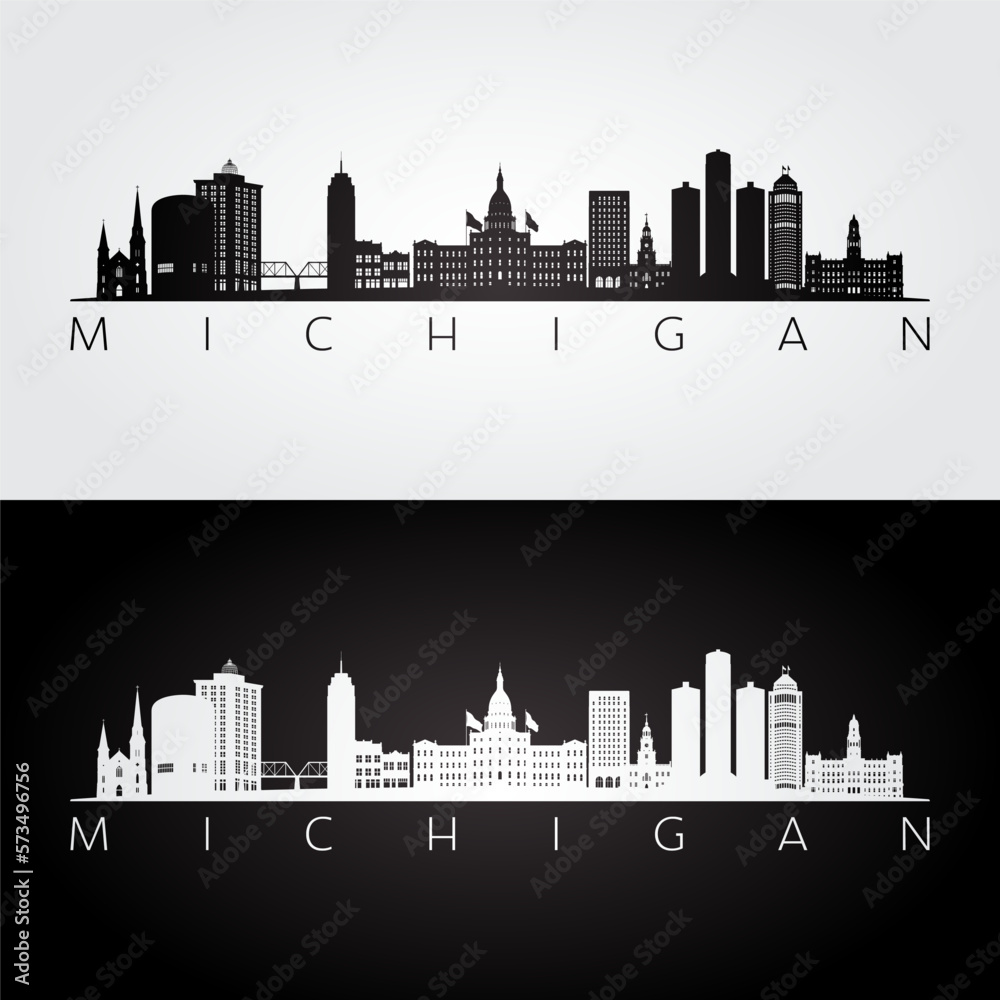 Michigan state skyline and landmarks silhouette, black and white design. Vector illustration.