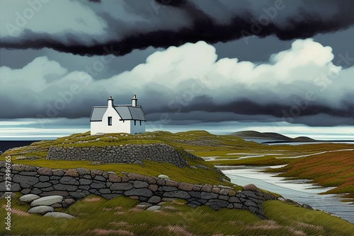 remote isolated cottage north uist. outer hebrides. scotland classical painting. art. highly detailed. colour. night.storm.cars - generative ai