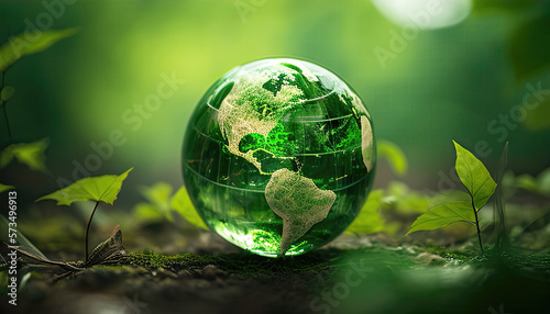 A Green World: The Significance of a Green Globe with Continents on blurred Natural Background. Generative AI