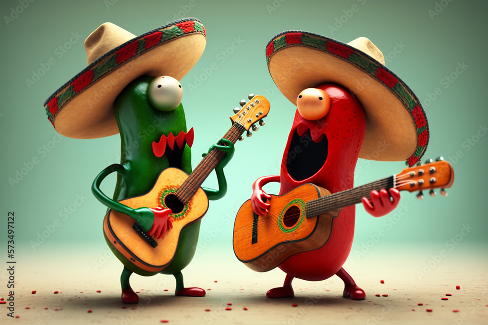 Red and green peppers wearing a mexican hat playing guitar.Cinco de ...