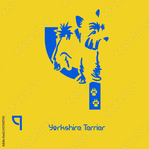 Unusual decorative font with a stylized image of a Yorkshire terrier. Typography with dogs based on gestalt design. Decoration with animals.