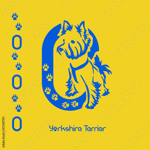 Unusual decorative font with a stylized image of a Yorkshire terrier. Typography with dogs based on gestalt design. Decoration with animals.