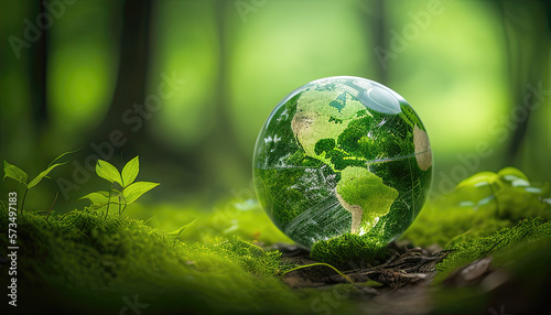 Fototapeta Naklejka Na Ścianę i Meble -  A Green World: The Significance of a Green Globe with Continents on blurred Natural Background. Happy earth day concept. Generative AI