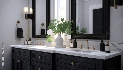 Foto Detail of modern bathroom vanity with marble counter top, double sinks with blac