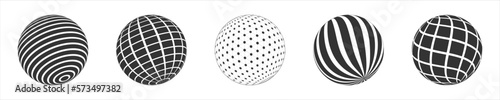 Set of 3D sphere wireframe icons in brutalism style. Orbit models, spherical shapes, different balls with grid and striped patterns isolated on white background