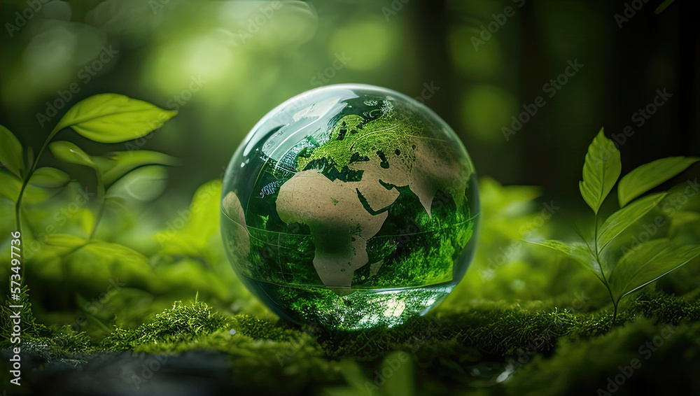 A Green World: The Significance of a Green Globe with Continents on blurred Natural Background. Happy earth day concept. Generative AI