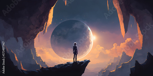 a man watch eclipse in the mountains, digital art, generative ai
