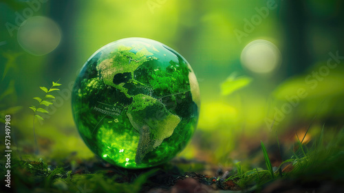 A Green World: The Significance of a Green Globe with Continents on blurred Natural Background. Happy earth day concept. Generative AI