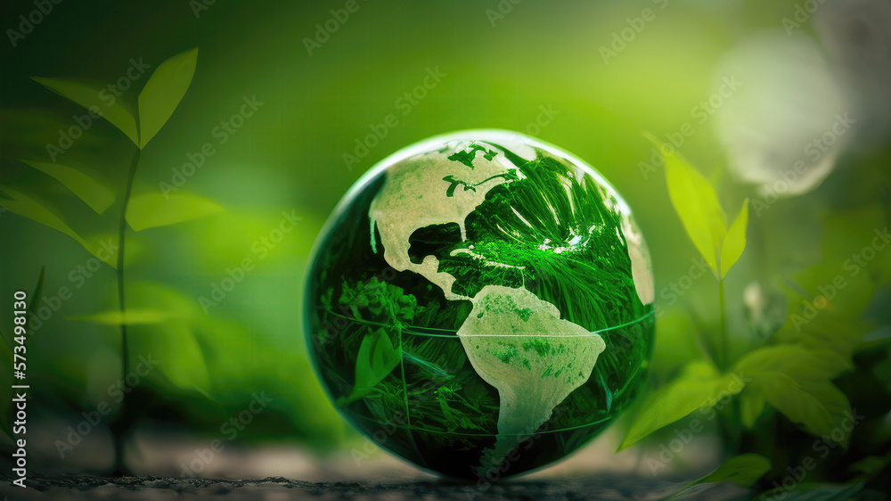 A Green World: The Significance of a Green Globe with Continents on blurred Natural Background. Happy earth day concept. Generative AI A Green World: The Significance of a Green Globe with Continents on blurred Natural Background. Happy earth day concept. Generative AI