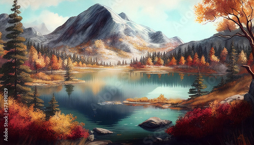 Rustic Autumnal Charm: A Watercolor Scene of Mountains, Forests, and a Lake in Bright Colors. Generative Ai