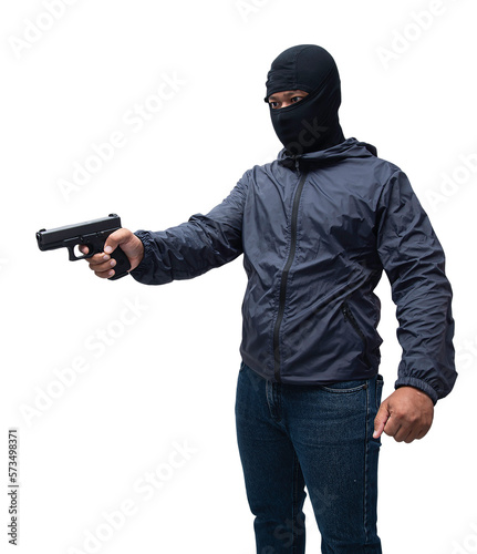 Burglar or terrorist. Holding pistol in various poses on background isolated with clipping path.transparent background. png.file