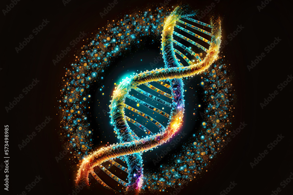 Double helix of DNA molecule in colorful composition. Postproducted generative AI illustration.