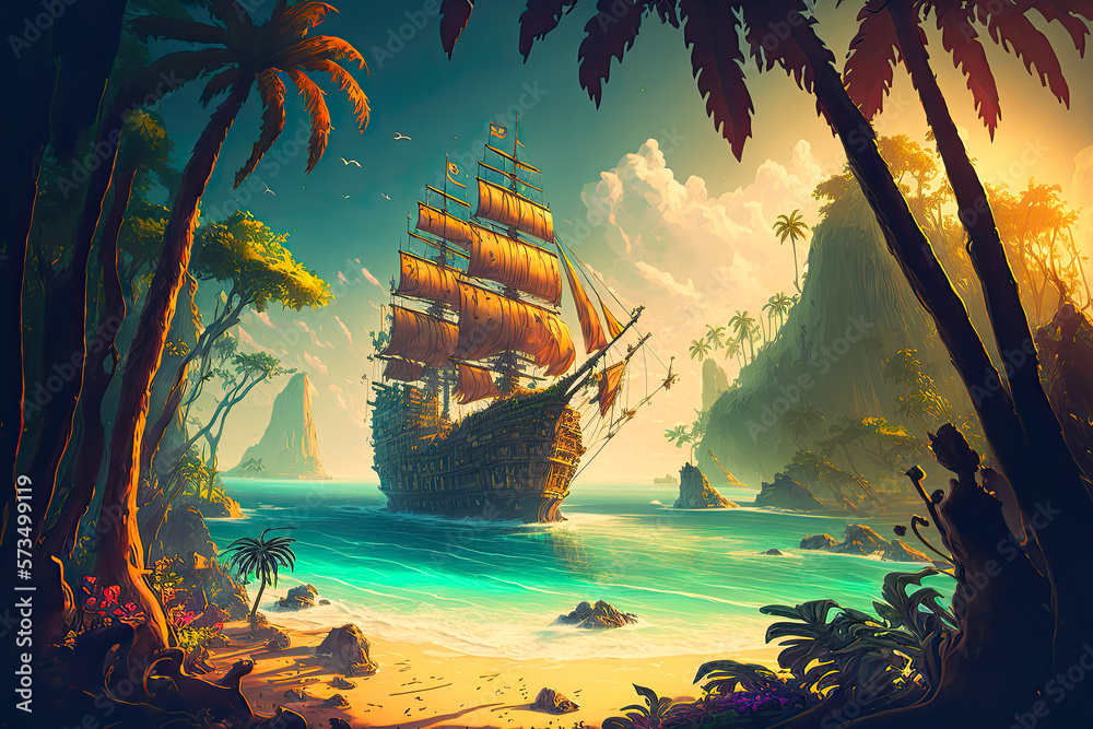 Fototapeta premium Big pirate ship cruising to bay of tropical island. Postproducted generative AI illustration.