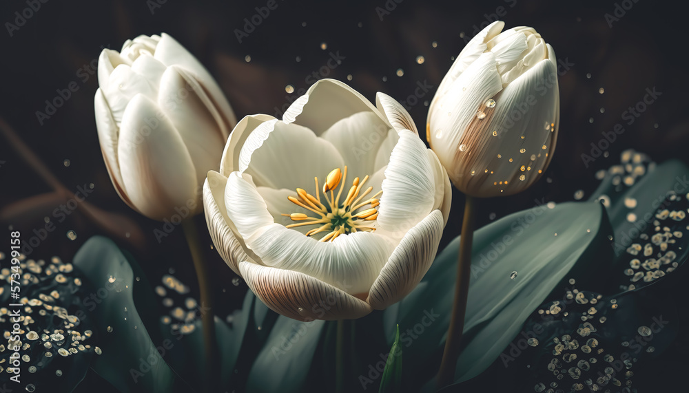 Fototapeta premium White tulips on a dark blurred background, generative Al.