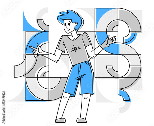 Creative worker doing some job and creating some system, inspired inventive designer or engineer composing abstract elements, vector outline illustration.