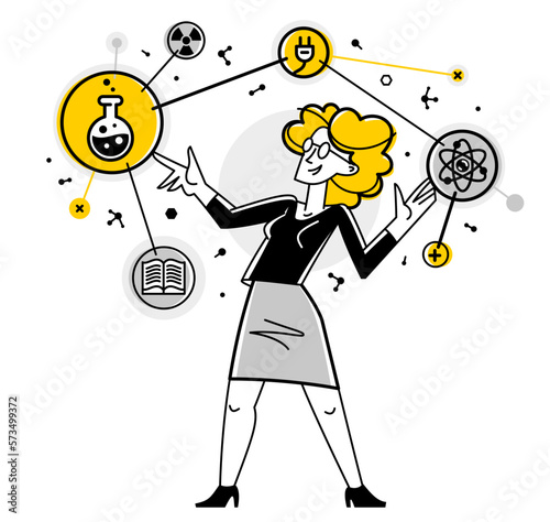 Scientist discovering science theory and making experiments vector outline illustration, science research or invention, physics and chemistry.
