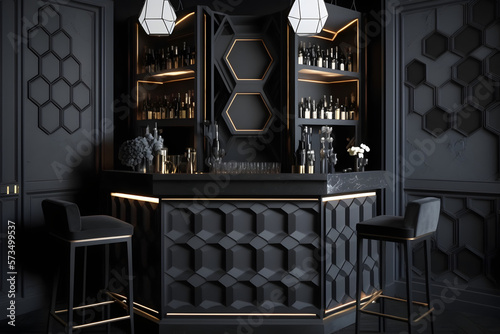 Fototapeta Naklejka Na Ścianę i Meble -  Hexagon design dark bar, interior design, generative ai